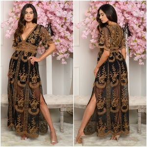 Gold & Black lace & embroidered maxi Dress